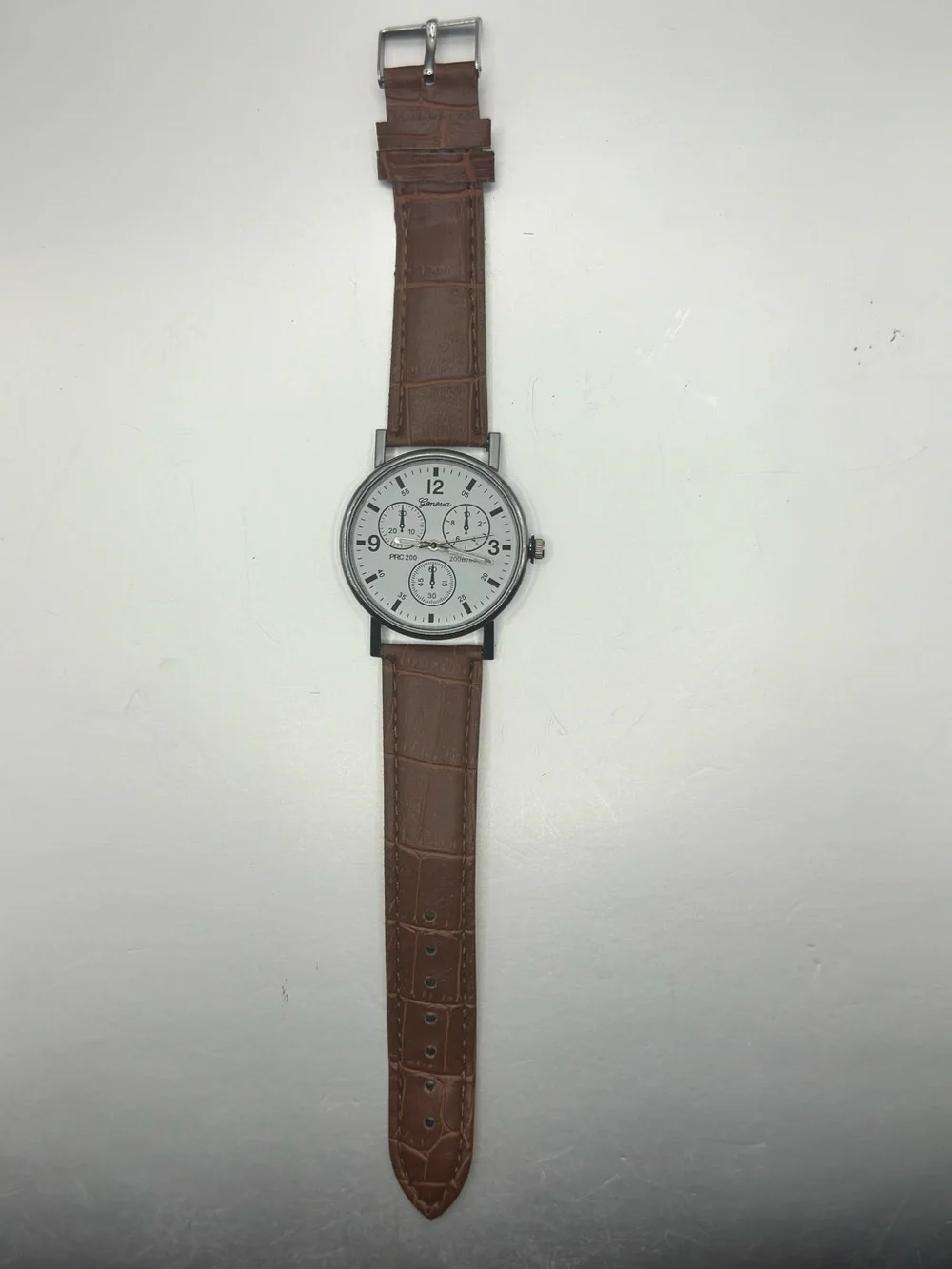 Geneva Silver Case White Dial Brown Faux Leather-Style Strap Watch